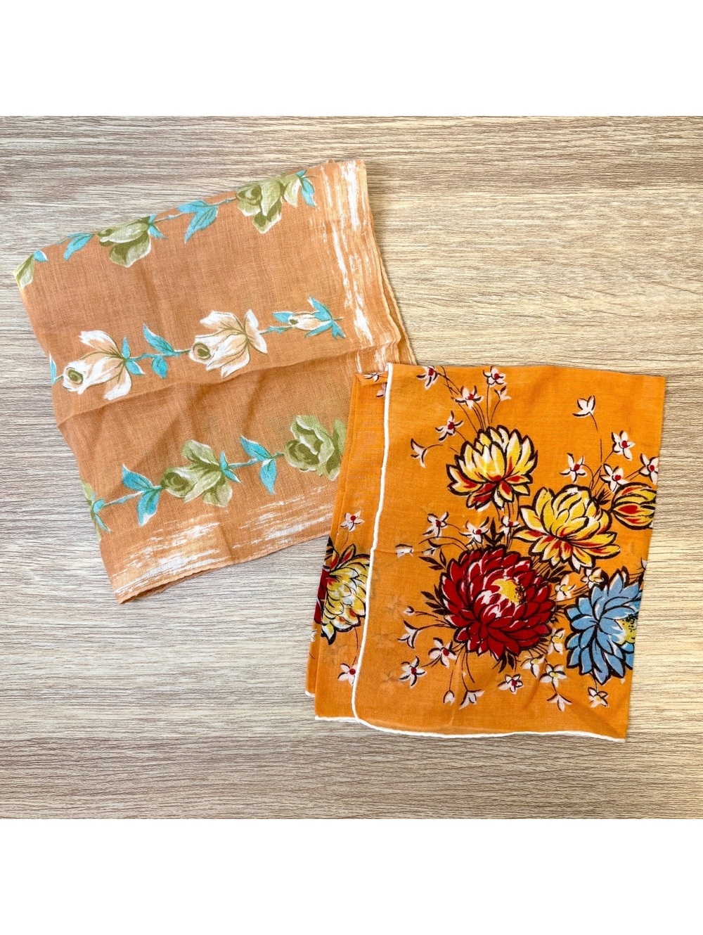 Set of 2 Handkerchiefs, Orange Cotton Linen, Floral Pattern Hanky, Textile Gift